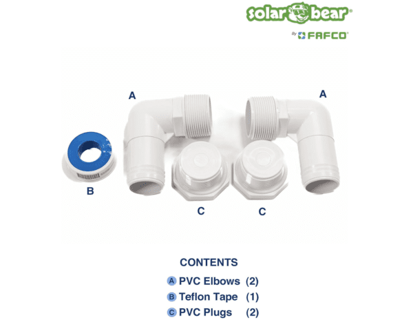 A diagram showing the parts of a FAFCO Original Solar Bear - Solar Pool Heater for Above-Ground Pools, Universal, with Starter Kit.